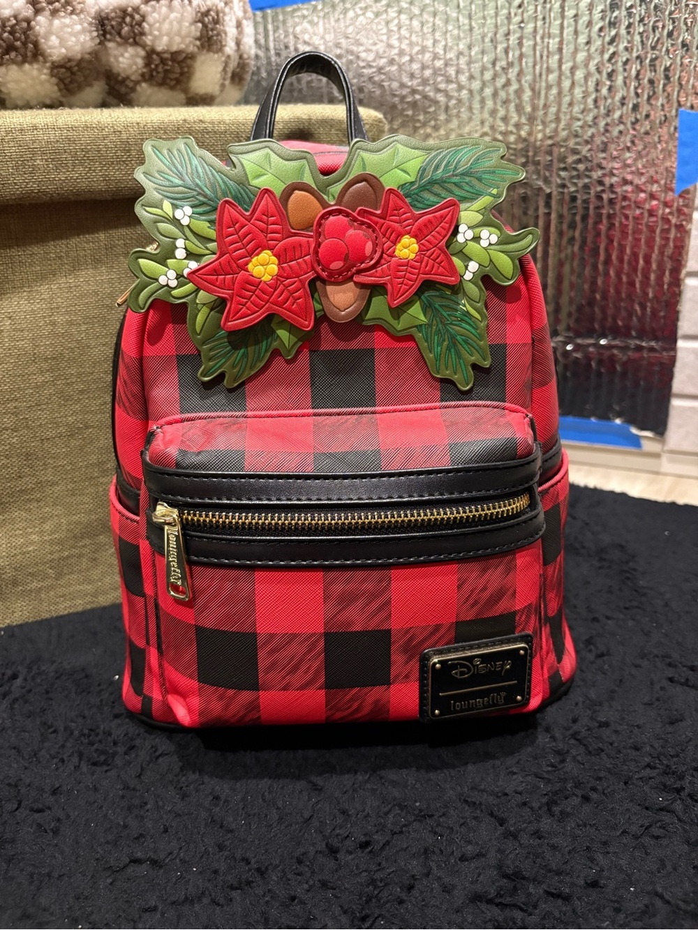 Loungefly Holiday Red Buffalo Plaid Poinsettia Mini Backpack